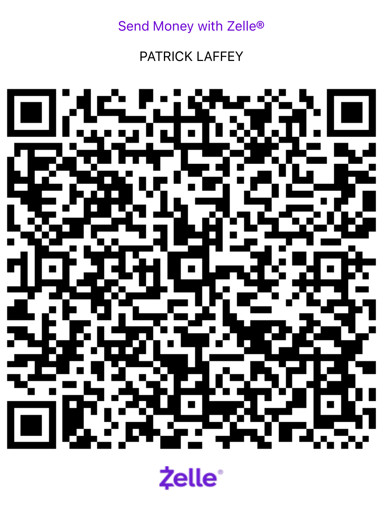 Zelle QR code for Patrick Laffey